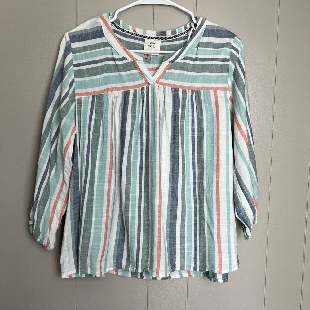 Knox Rose Multicolor Striped Peasant Boho Top 3/4 Sleeve Sz M